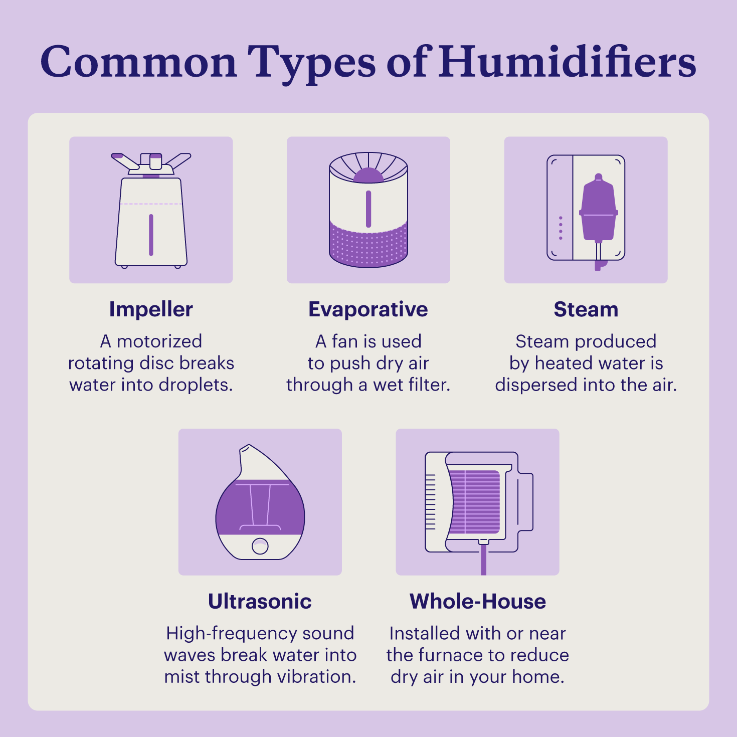 The most common types of humidifiers, including ultrasonic, steam, evaporative, impeller, and whole-house humidifiers.