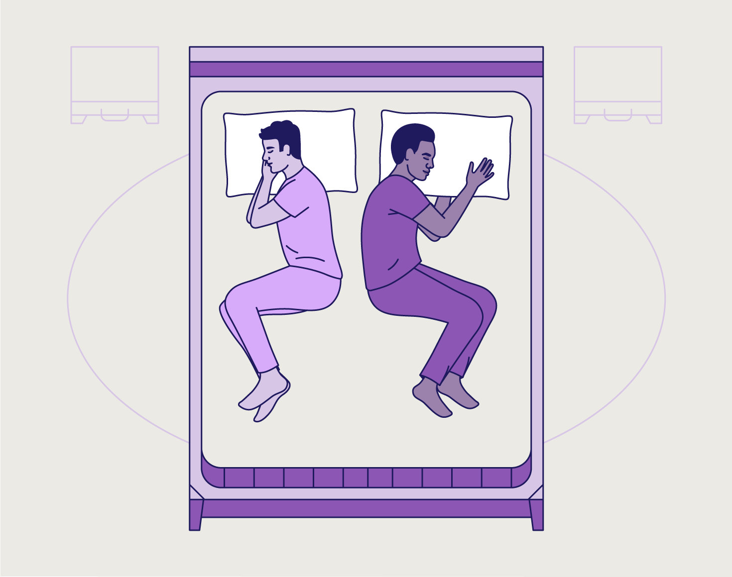 Two masculine figures sleeping back-to-back without touching.