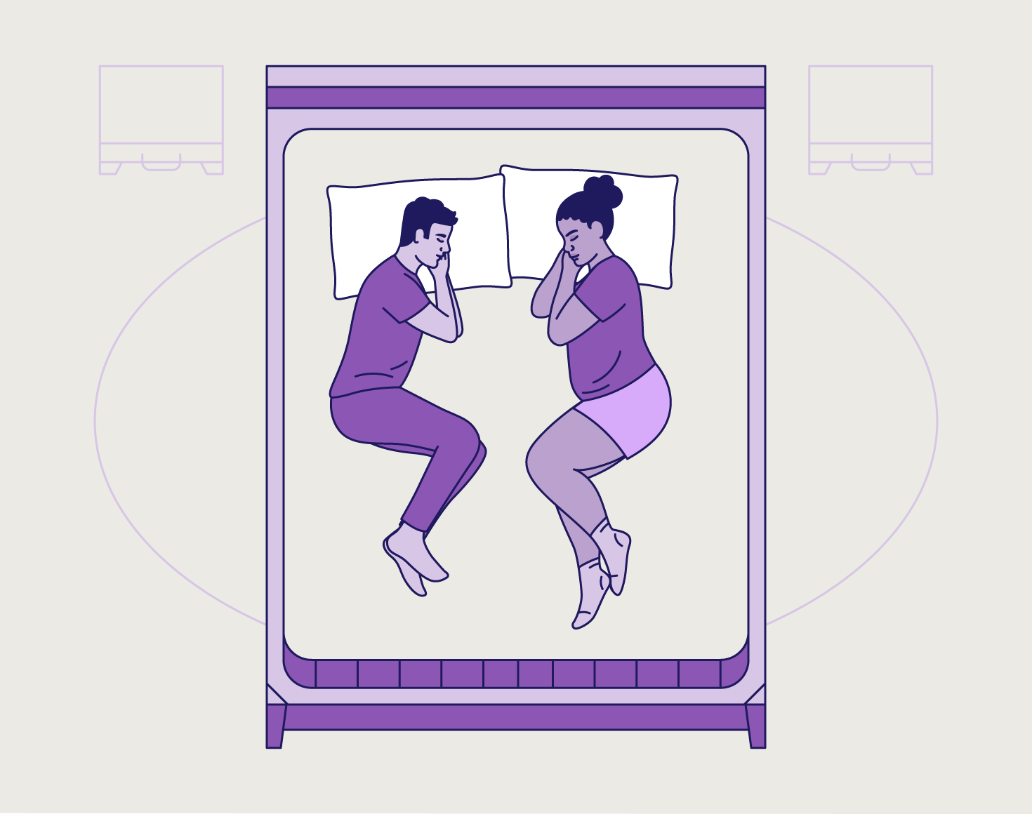 A masculine and feminine figure sleeping face to face without touching.