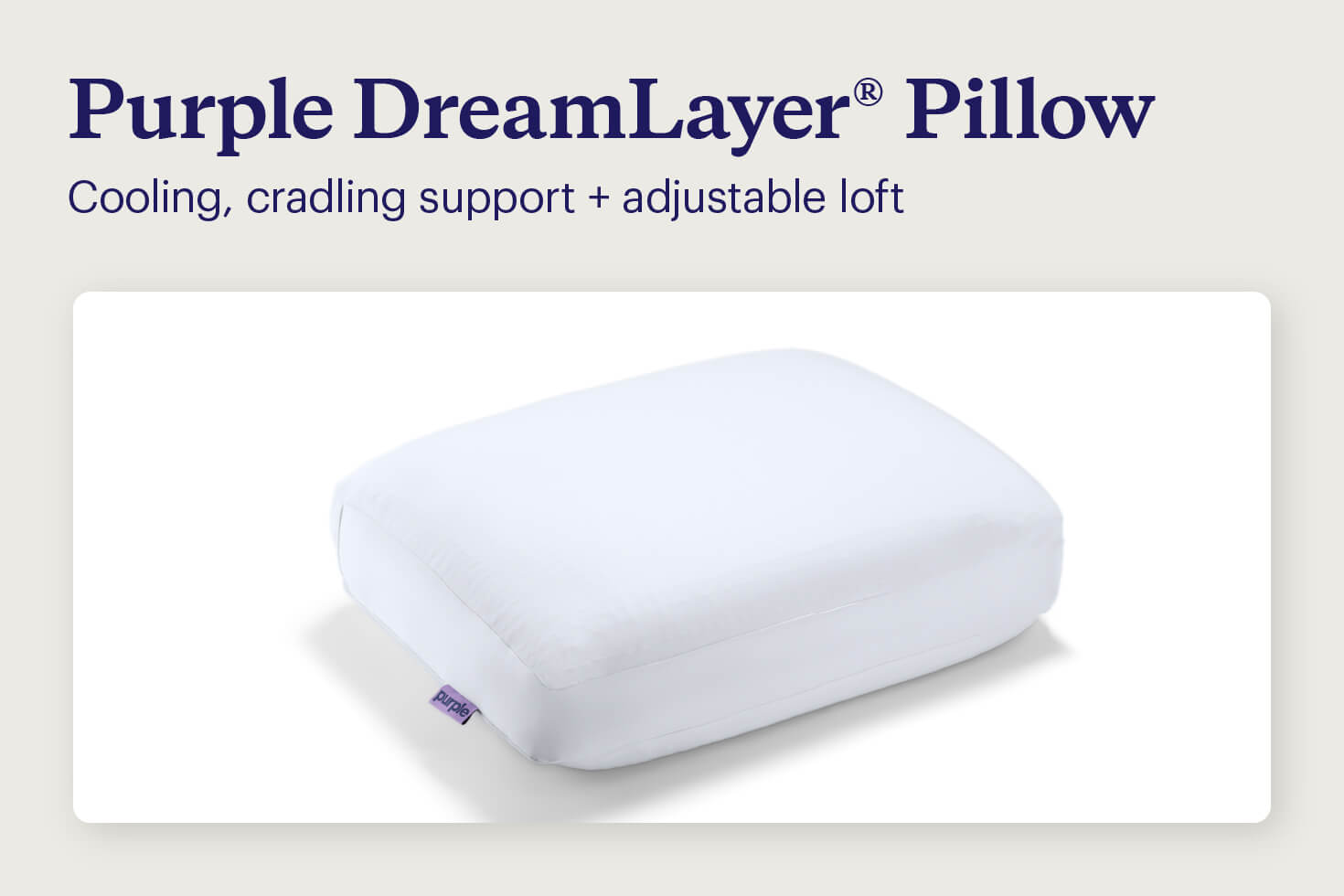 A picture of a Purple DreamLayer® Pillow describing its cooling, supportive, and adjustable features.