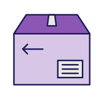 Illustrated icon of a box with a return label.