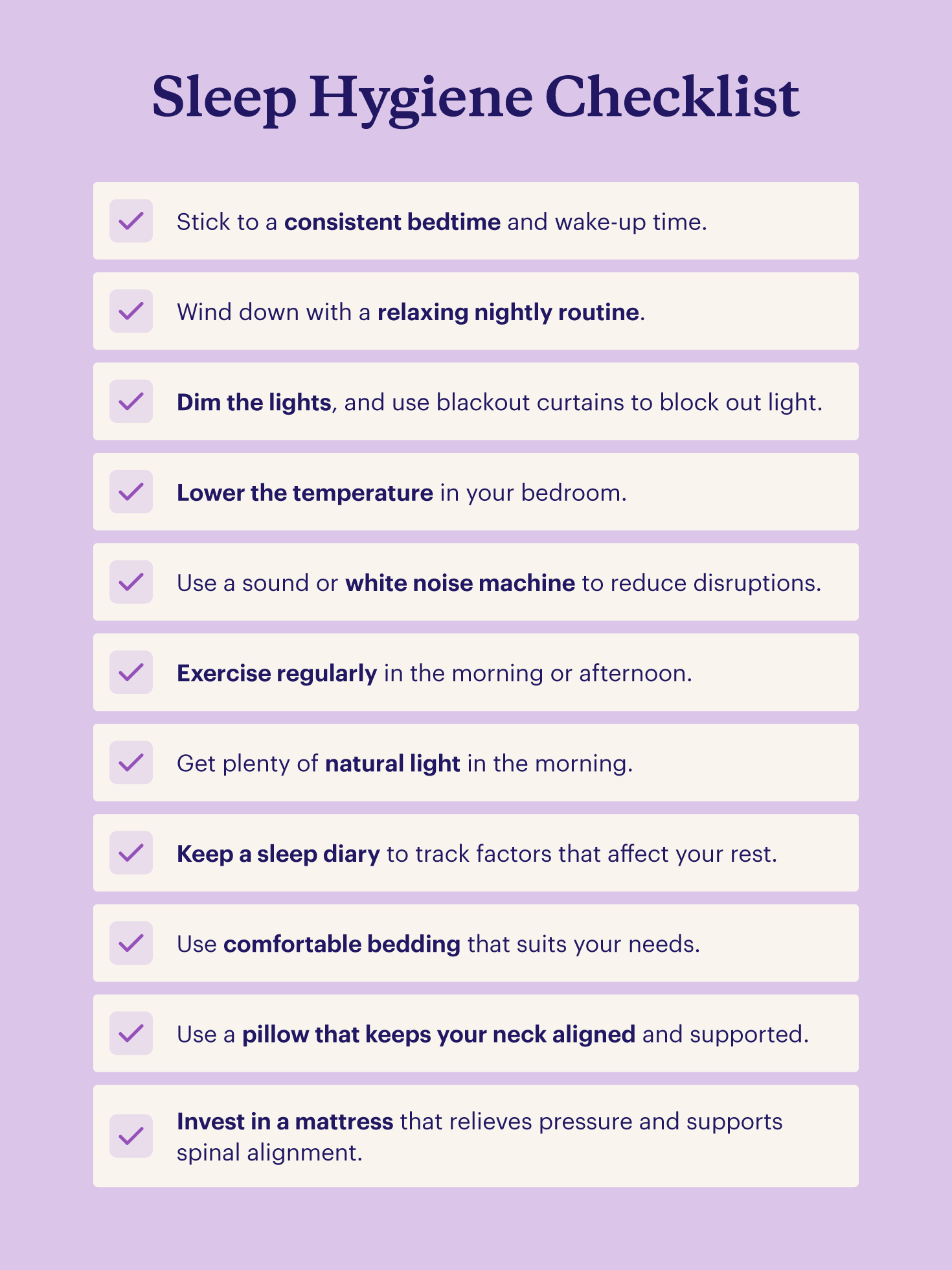 A checklist of 11 steps to improve sleep hygiene.