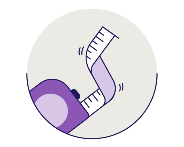 Illustration of a measuring tape in shades of purple over a gray background.