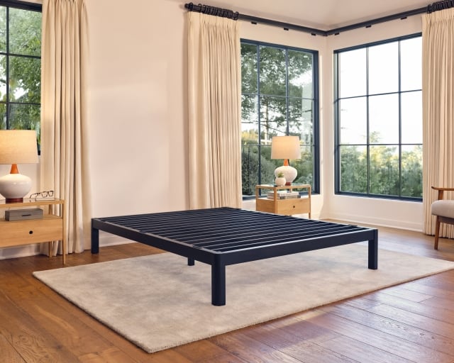 Purple Metal Platform base in a contemporary bedroom.