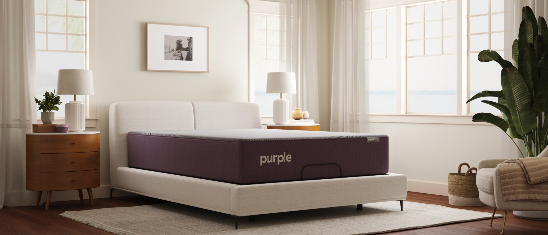 A Purple RestorePremier Hybrid mattress on an adjustable base.