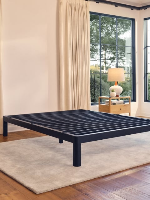 Purple Metal Platform base in a contemporary bedroom.